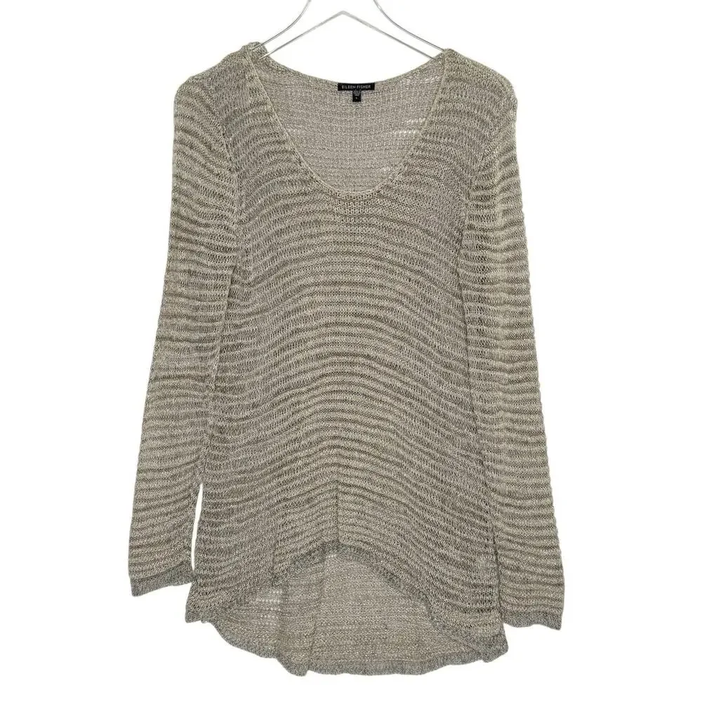 Eileen Fisher L Womens V Neck Metallic Knit Sweater Natural Tan Linen Blend